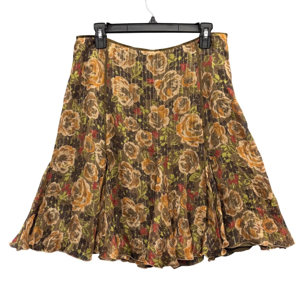Context Silk Blend Floral Metallic Stripe Flared Skirt Brown Fairycore Boho 12P